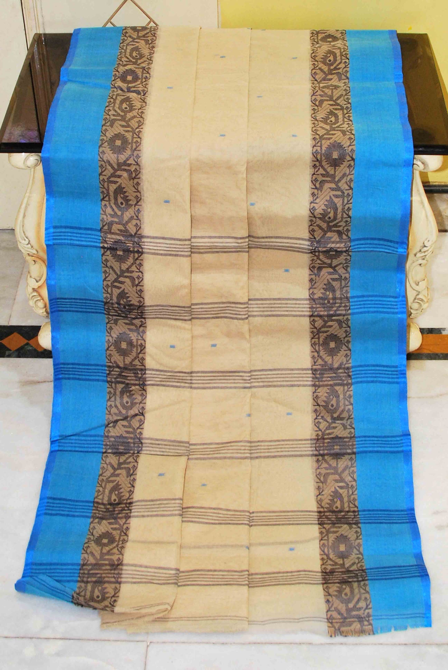 Bengal Handloom Cotton Saree in Beige, Black and Strobe Blue