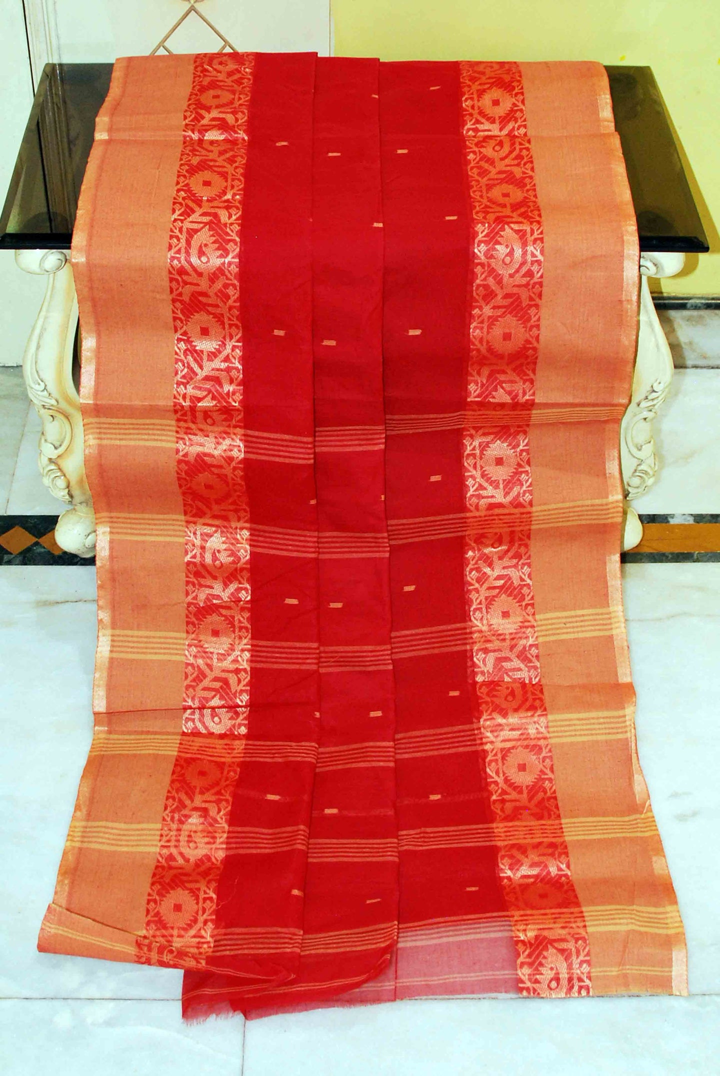 Bengal Handloom Cotton Saree in Red and Warm Beige