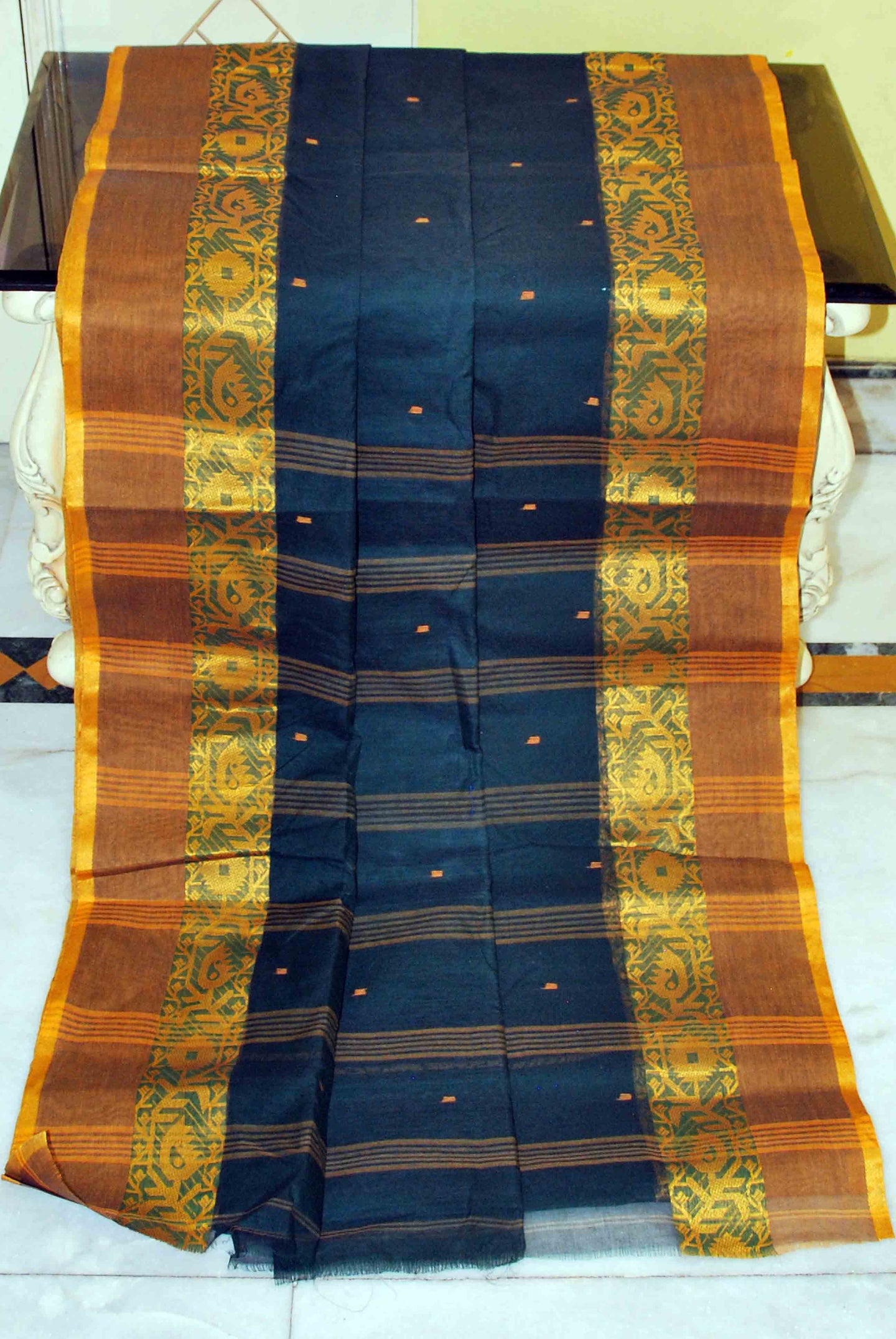 Bengal Handloom Cotton Saree in Phthalo Green and Golden Yellow