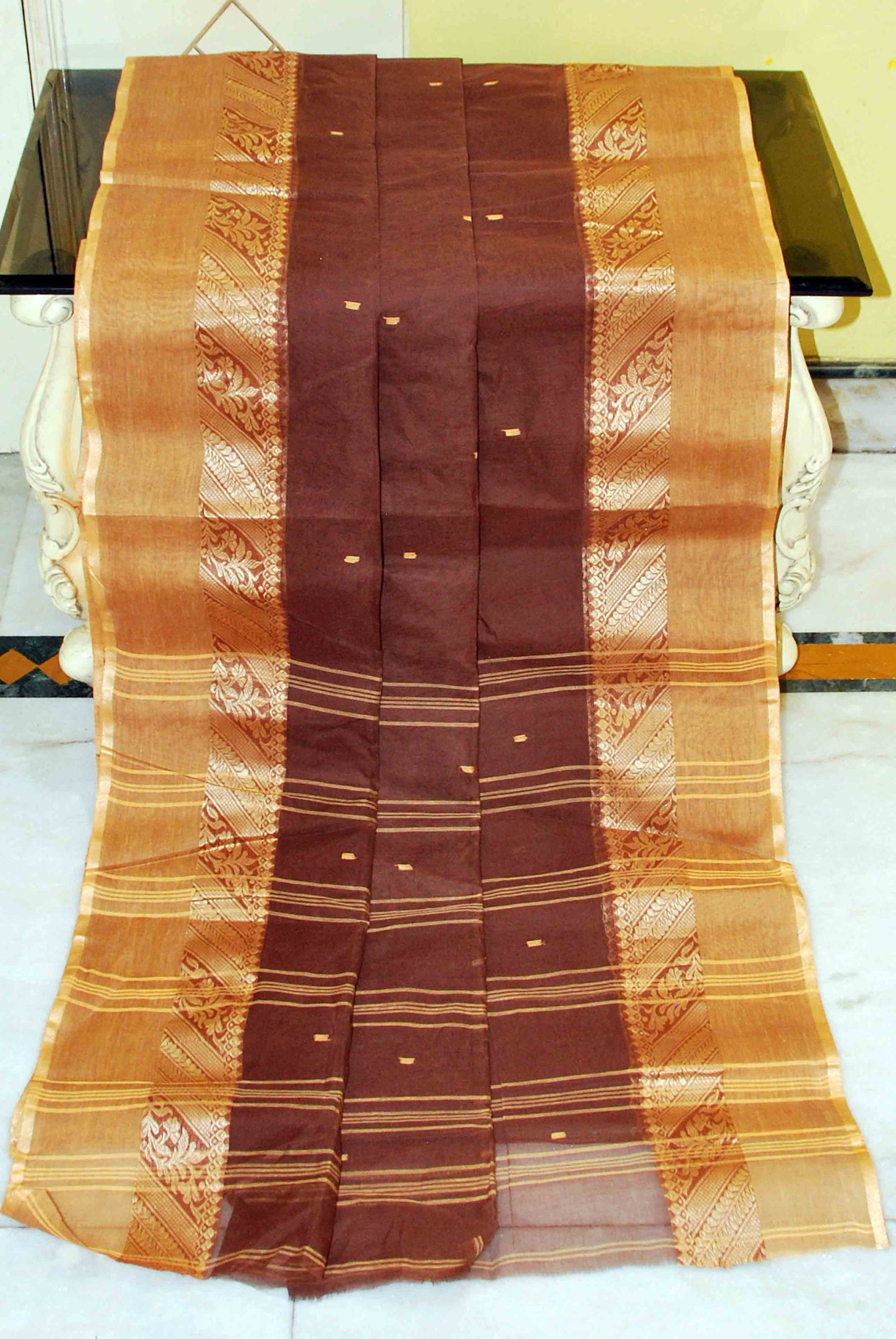Bengal Handloom Cotton Saree in Chocolate Brown and Warm Beige