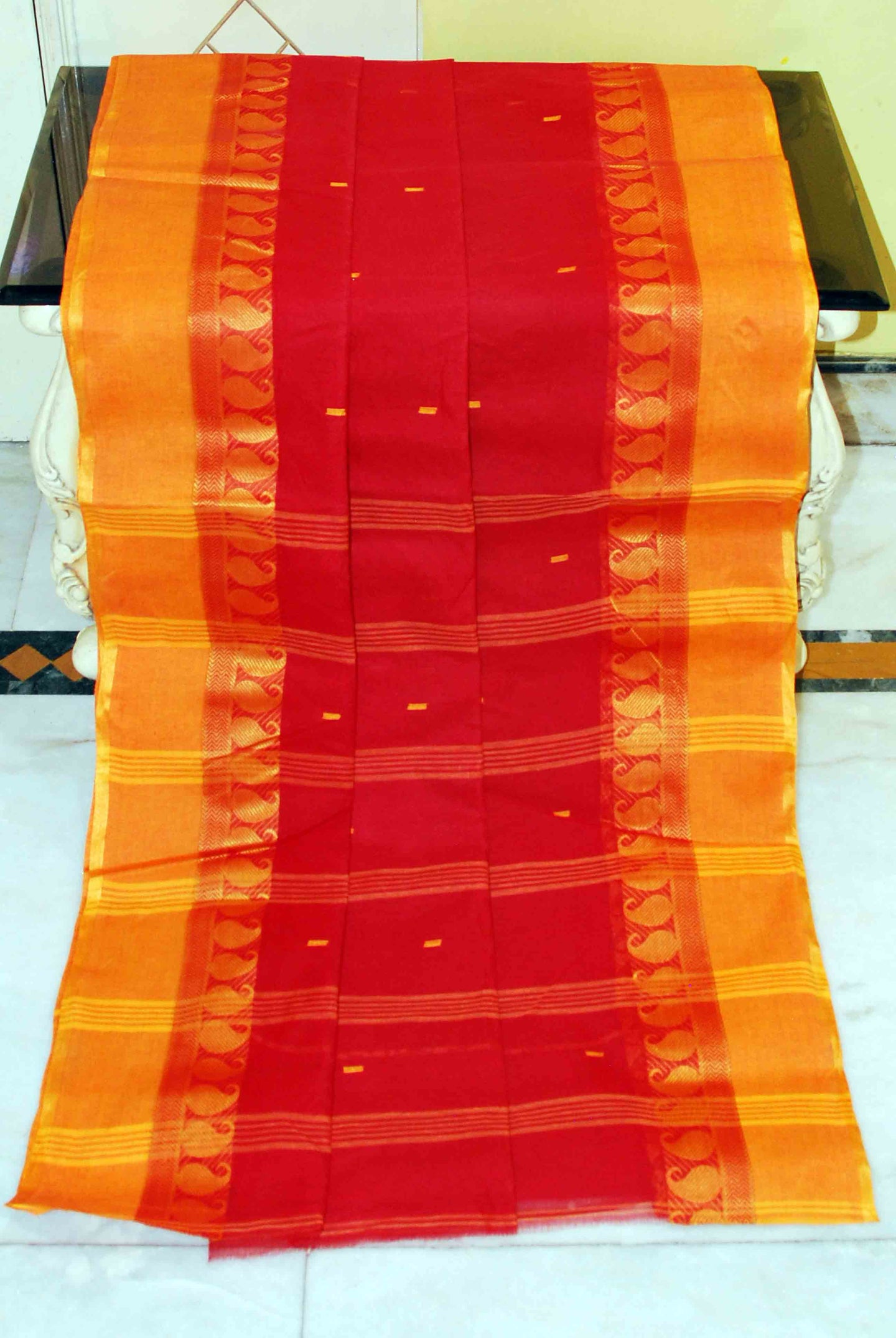 Bengal Handloom Cotton Saree in Red and Amber