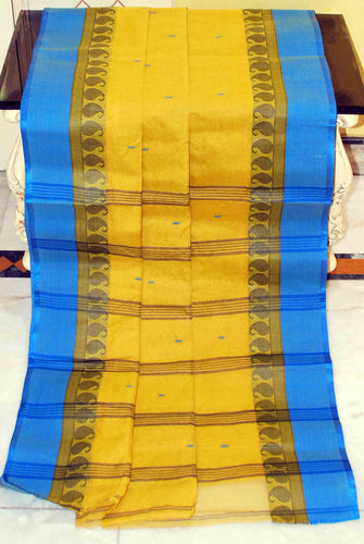 Bengal Handloom Cotton Saree in Corn Yellow, Black and Blue