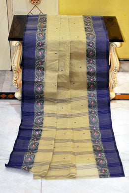 Bengal Handloom Cotton Saree in Ivory Beige, Pink and Navy Blue