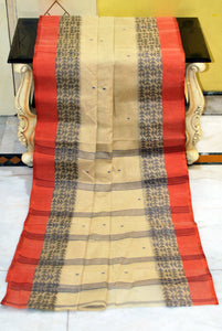 Bengal Handloom Cotton Saree in Beige, Black and Orange