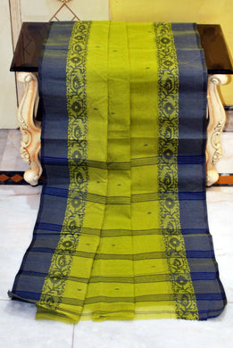 Bengal Handloom Cotton Saree in Olive Green and Navy Blue