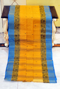 Bengal Handloom Cotton Saree in Golden Yellow, Azure Blue and Black