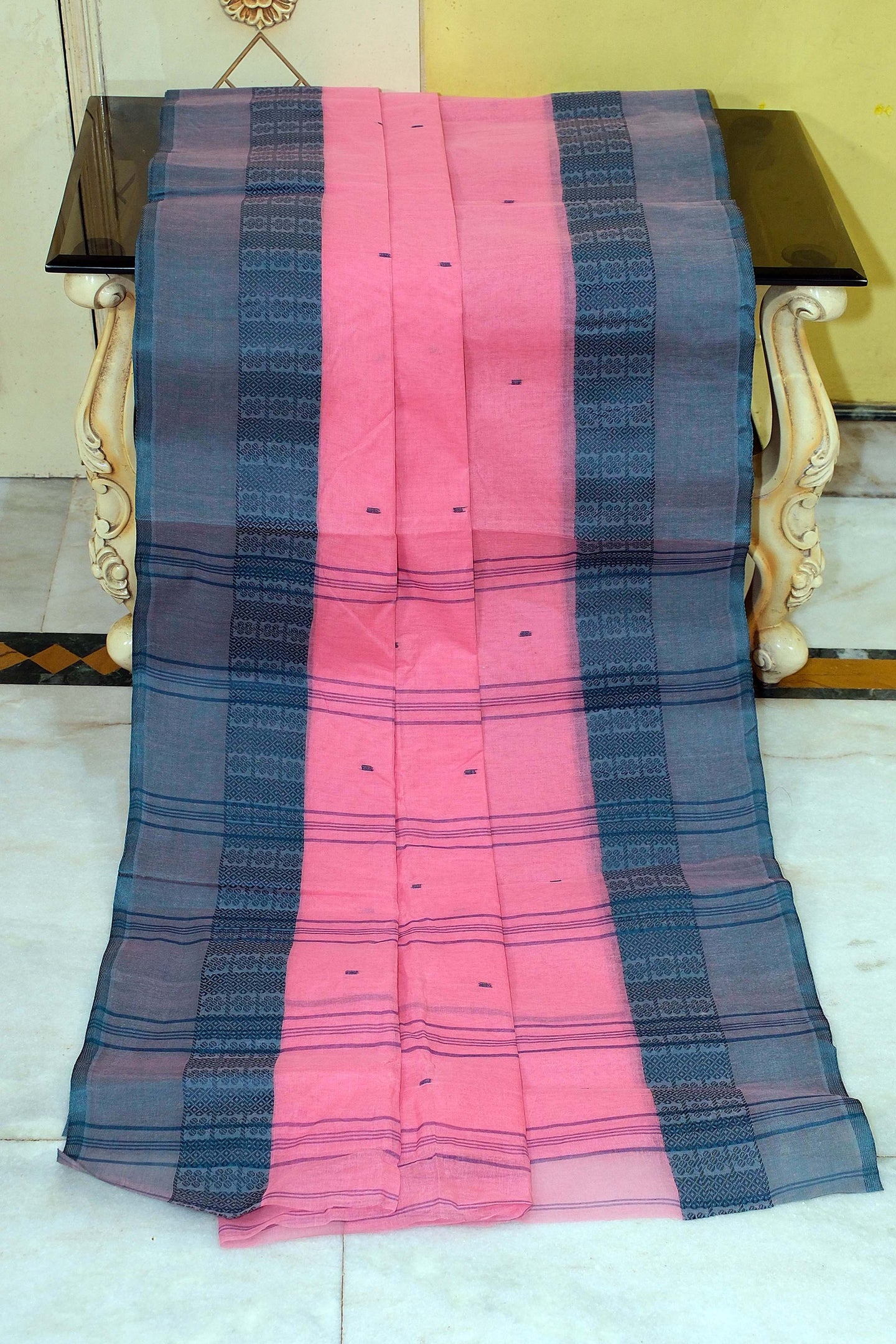 Bengal Handloom Cotton Saree in Persian Pink and Regal Blue