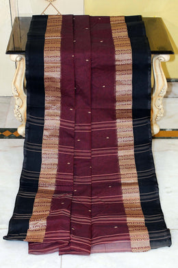 Bengal Handloom Cotton Saree in Deep Maroon, Matt Gold and Black