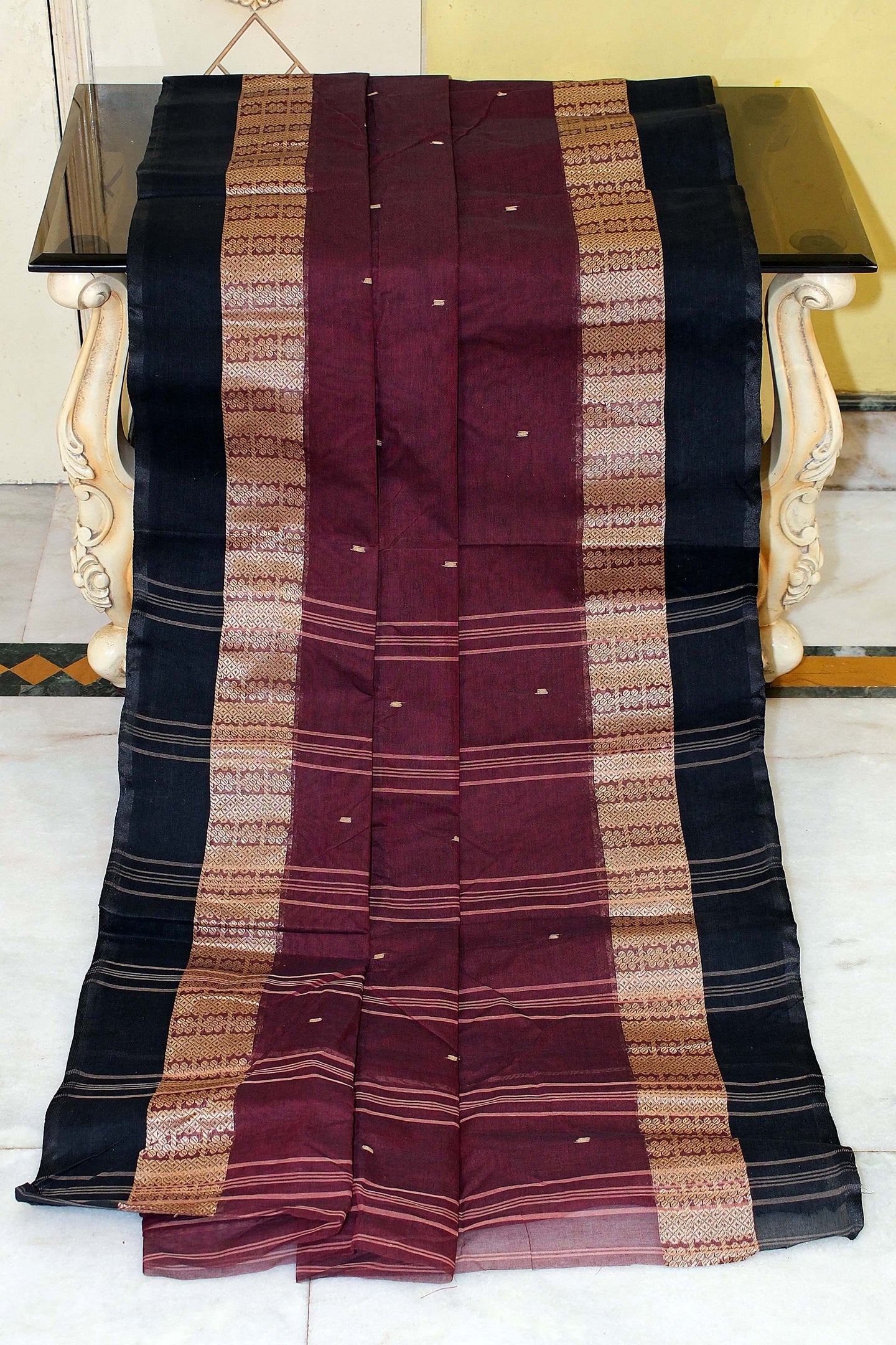 Bengal Handloom Cotton Saree in Deep Maroon, Matt Gold and Black