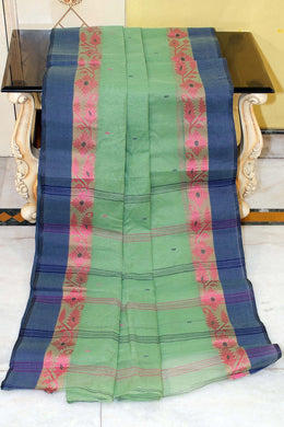 Bengal Handloom Cotton Saree in Sage Green, Cerise Pink and Navy Blue