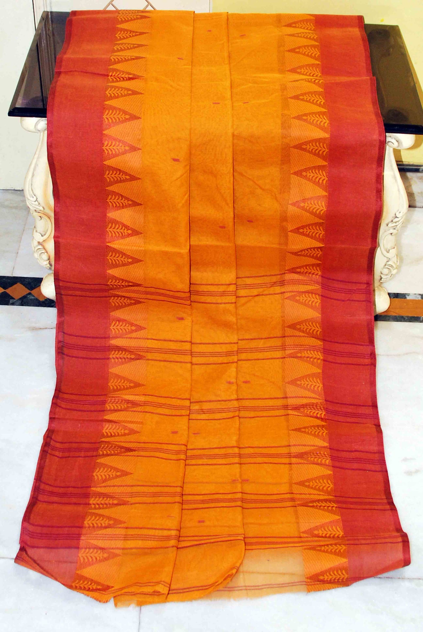 Bengal Handloom Cotton Saree in Mustard and Maroon