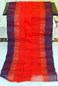 Bengal Handloom Cotton Saree in Orange and Navy Blue