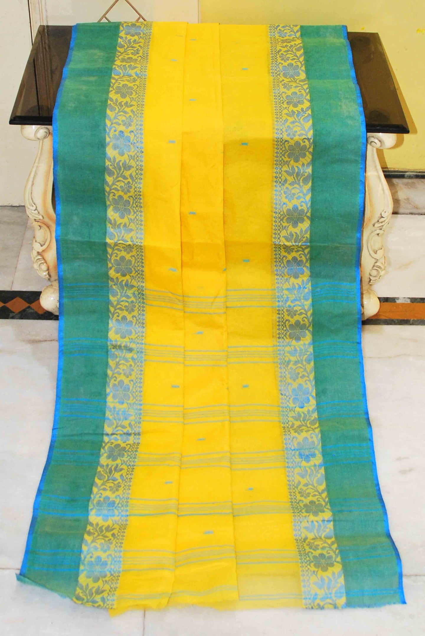 Bengal Handloom Cotton Saree in Sunshine Yellow and Sky Blue