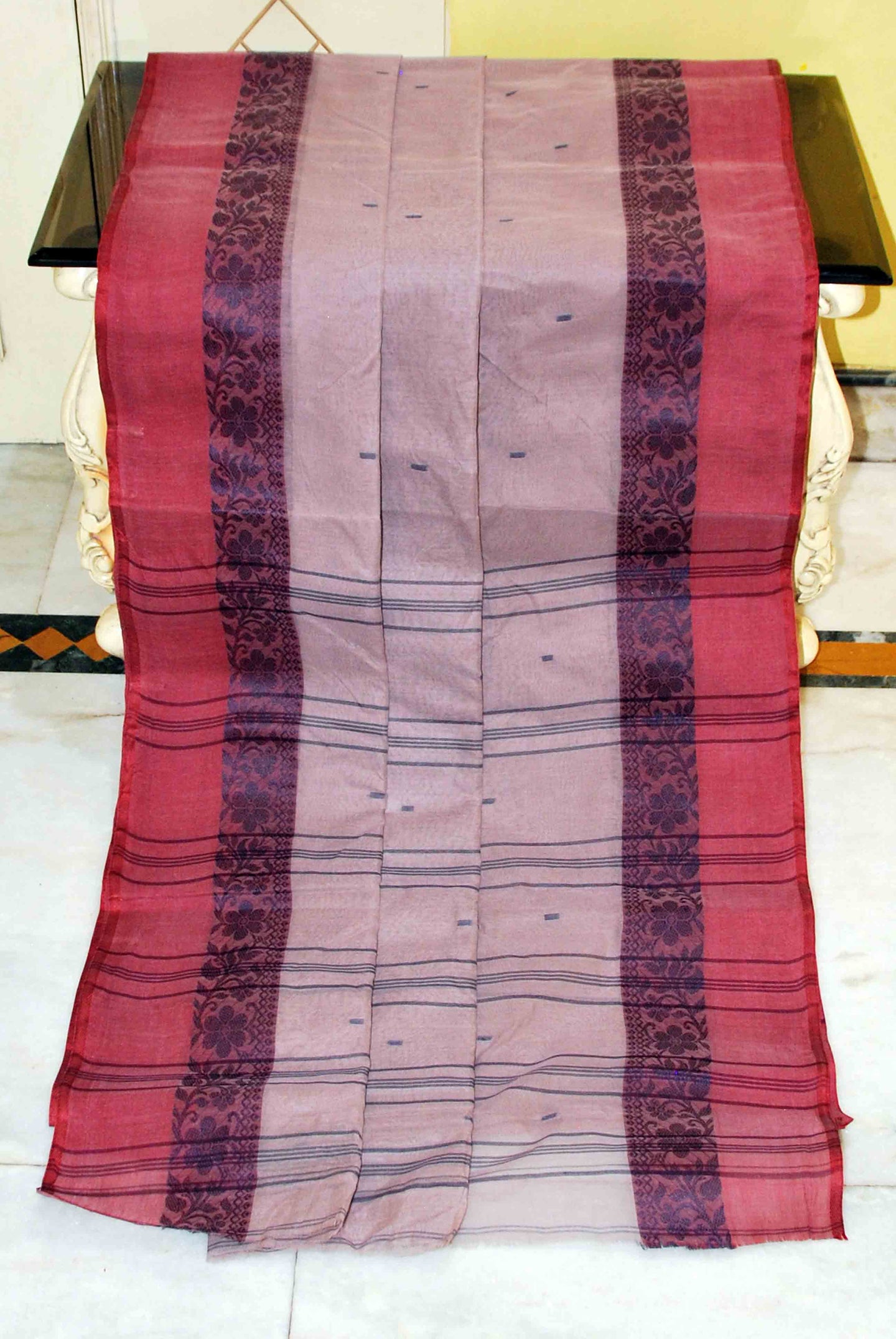 Bengal Handloom Cotton Saree in Light Purple Plum, Rosewood and Navy Blue