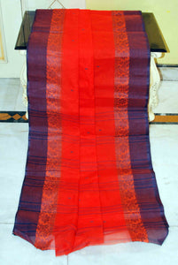 Bengal Handloom Cotton Saree in Scarlet Red and Midnight Blue