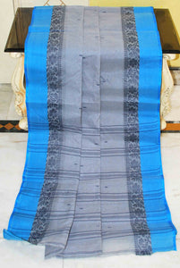 Bengal Handloom Cotton Saree in Gray, Black and Blue