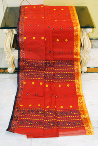 Medium Size Nakshi Border Bengal Handloom Cotton Saree in Rust Brown, Golden Yellow and Midnight Blue