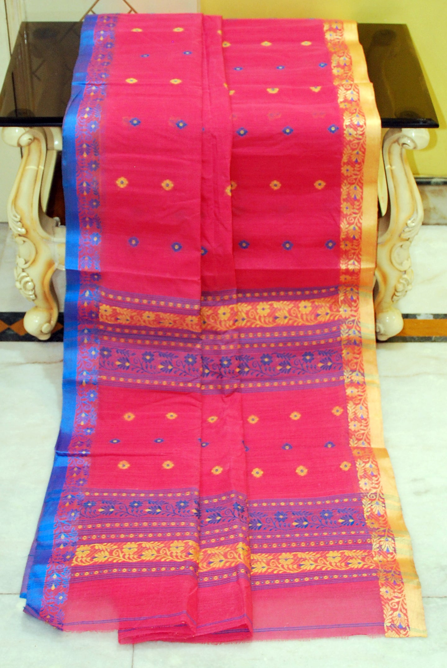 Medium Size Nakshi Border Bengal Handloom Cotton Saree in Strawberry, Blue and Beige