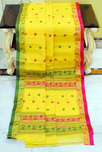 Medium Size Nakshi Border Bengal Handloom Cotton Saree in Yellow, Green and Hot Pink