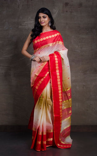 Traditional Mahapar Bengal Tussar Satin Silk Saree in Warm Beige, Red and Off White
