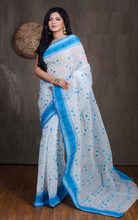 Bengal Handloom Cotton Saree with Floral Jaal Embroidery Work in White and Blue