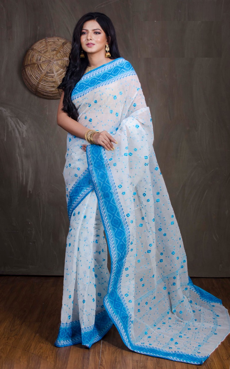 Bengal Handloom Cotton Saree with Floral Jaal Embroidery Work in White and Blue
