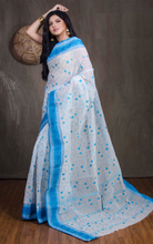 Bengal Handloom Cotton Saree with Floral Jaal Embroidery Work in White and Blue