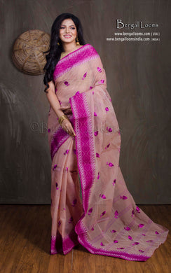 Bengal Handloom Cotton Saree with Leaf Motif Embroidery Work in Lemonade and Purple