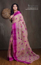 Bengal Handloom Cotton Saree with Leaf Motif Embroidery Work in Lemonade and Purple