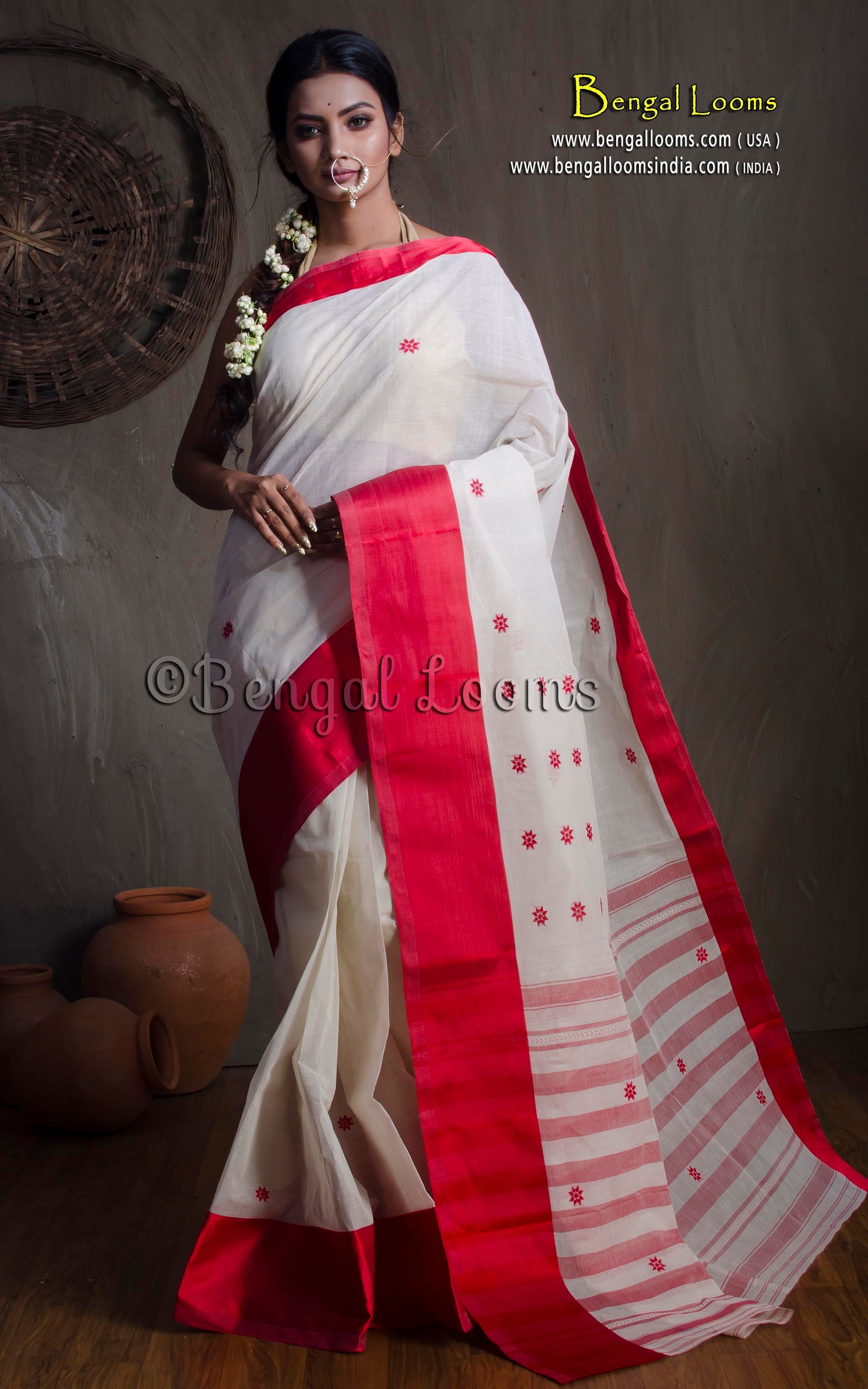 Bengal Handloom Satin Silk Border Cotton Saree in White and Red