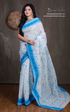 Bengal Handloom Cotton Saree with Floral Jaal Embroidery Work in White and Blue