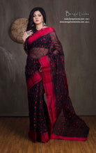Bengal Handloom Cotton Saree with Floral Jaal Embroidery Work in Black and Red