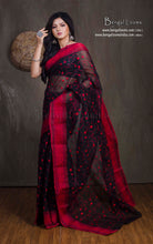 Bengal Handloom Cotton Saree with Floral Jaal Embroidery Work in Black and Red