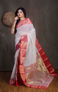 Bengal Handloom Tanchui Work  Patli Pallu Saree in Off White, Red and Gold
