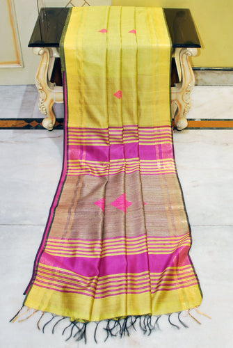 Soft Bhagalpuri Silk Kalakshetra with Geometric Nakshi Weaves and Woven Tussar Pallu in Lime Yellow, Purple and Black