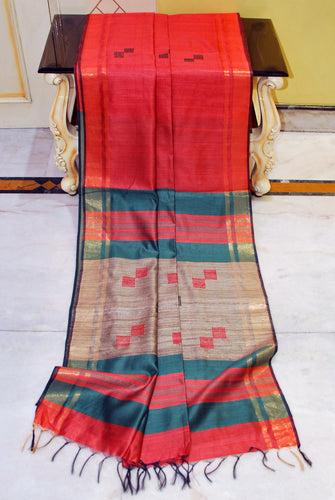 Soft Bhagalpuri Silk Kalakshetra with Geometric Nakshi Weaves and Woven Tussar Pallu in Brick Red, Teal and Black