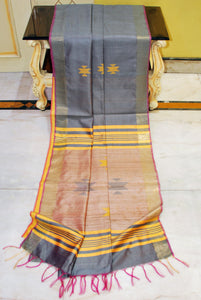 Soft Bhagalpuri Silk Kalakshetra with Geometric Nakshi Weaves and Woven Tussar Pallu in Grey, Yellow and Pink