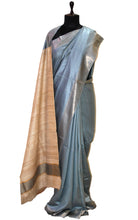 Soft Bhagalpuri Silk Saree with Natural Gicha Tussar Pallu in Slate Grey and Brush Gold Zari Work