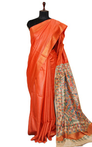 Soft Bhagalpuri Silk Saree in Hand Paint Madhubani Art with Gicha Tussar Pallu in Warm Orange