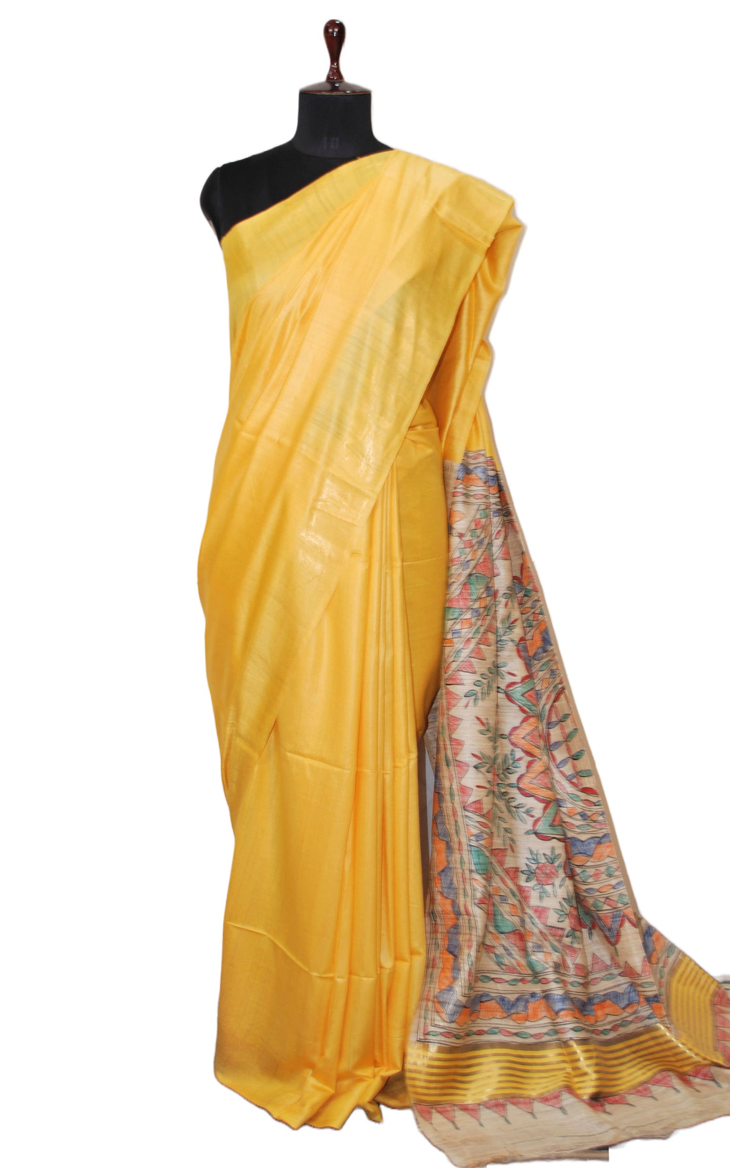 Soft Bhagalpuri Silk Saree in Hand Paint Madhubani Art with Gicha Tussar Pallu in Yellow