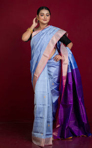 Handwoven Bishnupuri Chatai Medium Border Katan Silk Saree in Pyne Green, Red, Royal Blue and Matt Golden