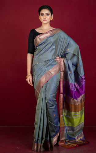 Handwoven Bishnupuri Chatai Medium Border Katan Silk Saree in Grey, Pale Red and Multicolored