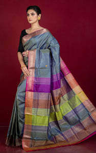 Handwoven Bishnupuri Chatai Medium Border Katan Silk Saree in Grey, Pale Red and Multicolored