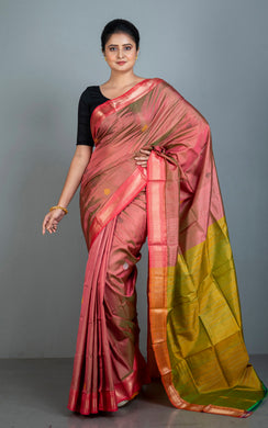 Handwoven Bishnupuri Chatai Medium Border Katan Silk Saree in Red Sandalwood, Yellow Green and Red