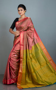 Handwoven Bishnupuri Chatai Medium Border Katan Silk Saree in Red Sandalwood, Yellow Green and Red