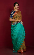 Handwoven Bishnupuri Chatai Medium Border Katan Silk Saree in Brown, Turquoise and Red