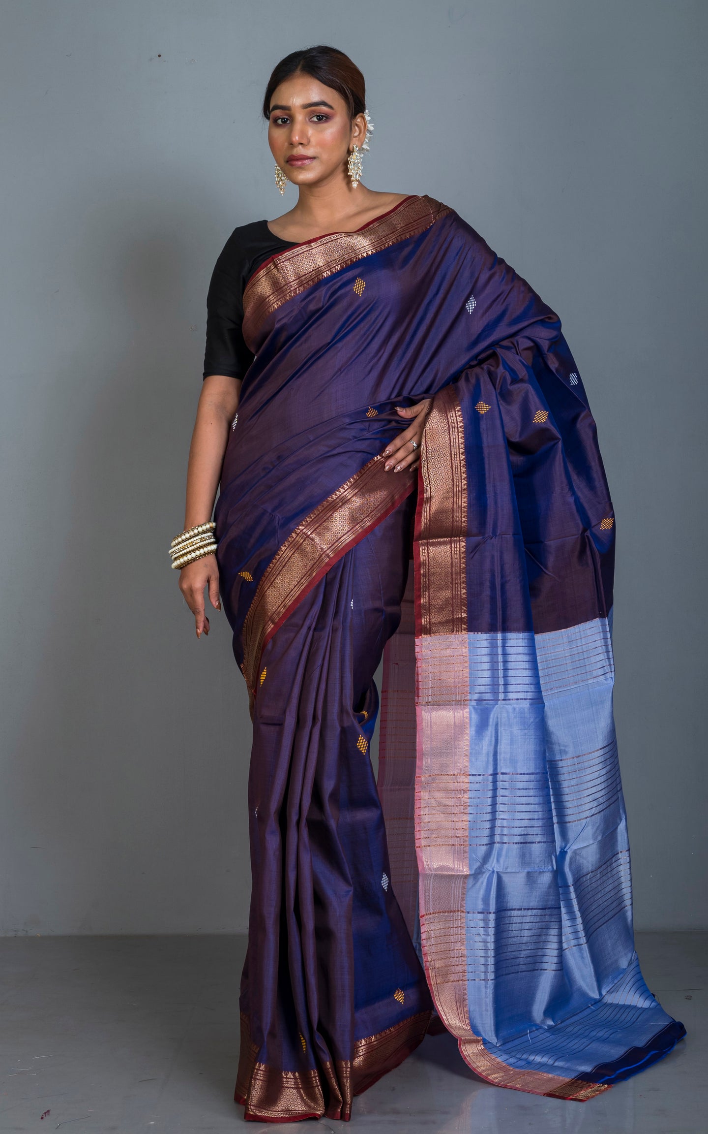 Handwoven Bishnupuri Chatai Medium Border Katan Silk Saree in Byzantine Purple, Pastel Blue and Dark Red