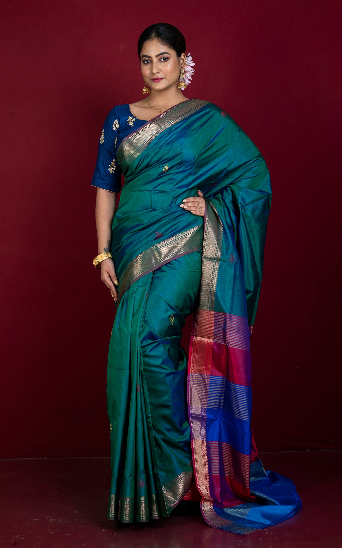 Handwoven Bishnupuri Chatai Medium Border Katan Silk Saree in Pyne Green, Red, Royal Blue and Matt Golden