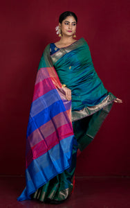 Handwoven Bishnupuri Chatai Medium Border Katan Silk Saree in Pyne Green, Red, Royal Blue and Matt Golden