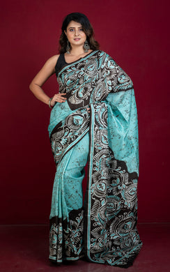 Hand Batik Soft Bishnupuri Pure Silk Saree in Light Turquoise, Off White and Black